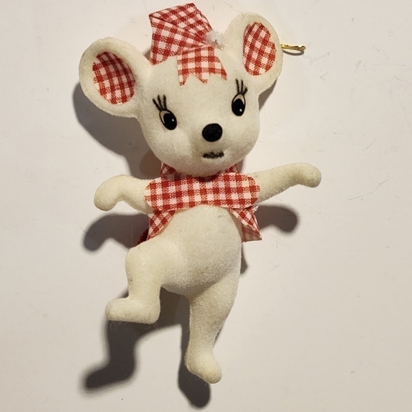 Vintage white flocked girl mouse Ornament red checkerboard outfit - Picture 1 of 6